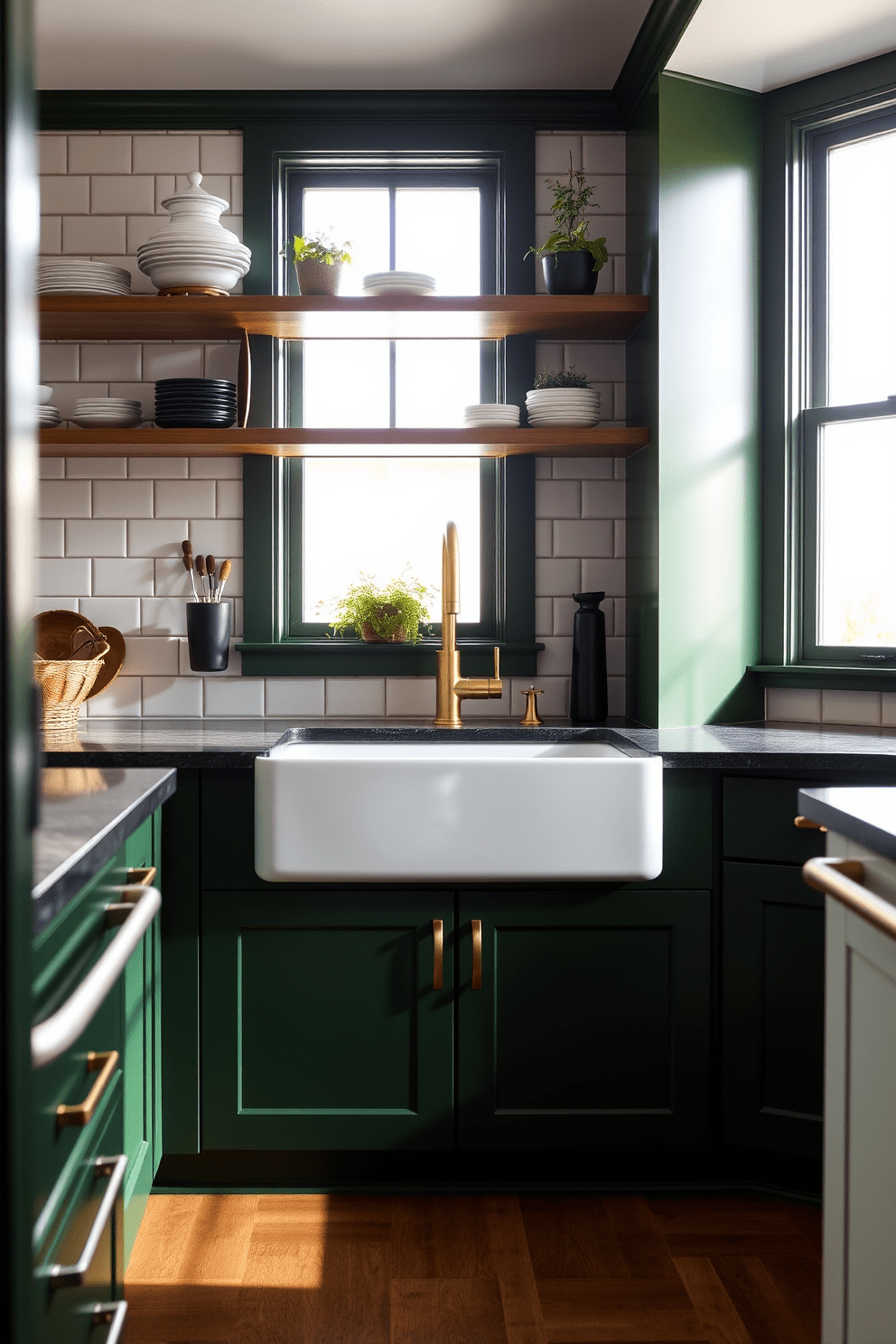 Deep green cabinets create a striking contrast against the classic white subway tiles in this kitchen. The space is illuminated by natural light streaming through large windows, highlighting the rich tones of the cabinetry and the sleek, modern finishes. A large farmhouse sink is centered beneath the windows, complemented by a brushed gold faucet. Open shelving above the counter displays elegant dishware and potted herbs, adding warmth and a touch of nature to the design.