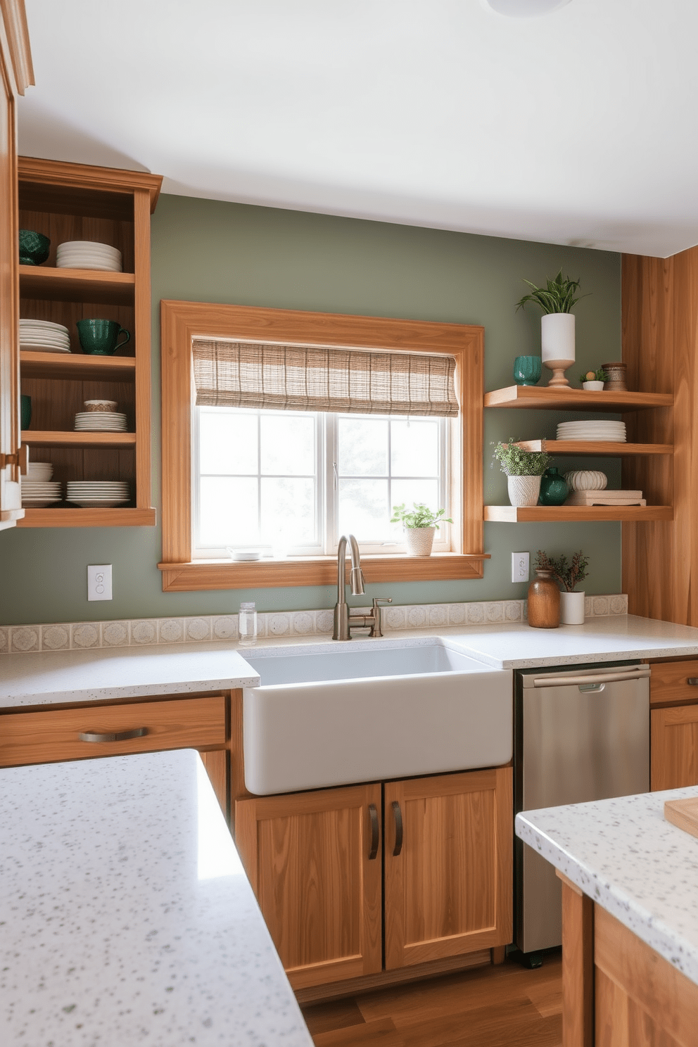 Dusty green walls create a serene backdrop for a kitchen filled with natural wood accents. The cabinetry features warm wooden tones, complemented by open shelving showcasing decorative dishware and plants. A large farmhouse sink with a brushed nickel faucet sits beneath a window, allowing natural light to flood the space. The countertops are a light, speckled stone, enhancing the earthy feel of the design while providing ample workspace.