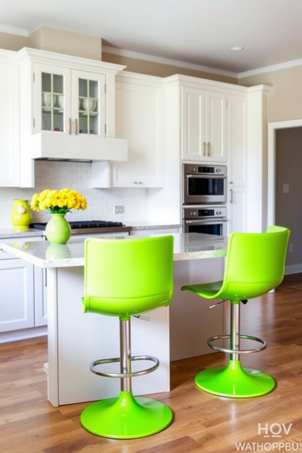 A vibrant kitchen featuring lime green bar stools positioned around a sleek neutral island. The cabinetry is a soft white, complementing the bright accents and creating a fresh, inviting atmosphere.