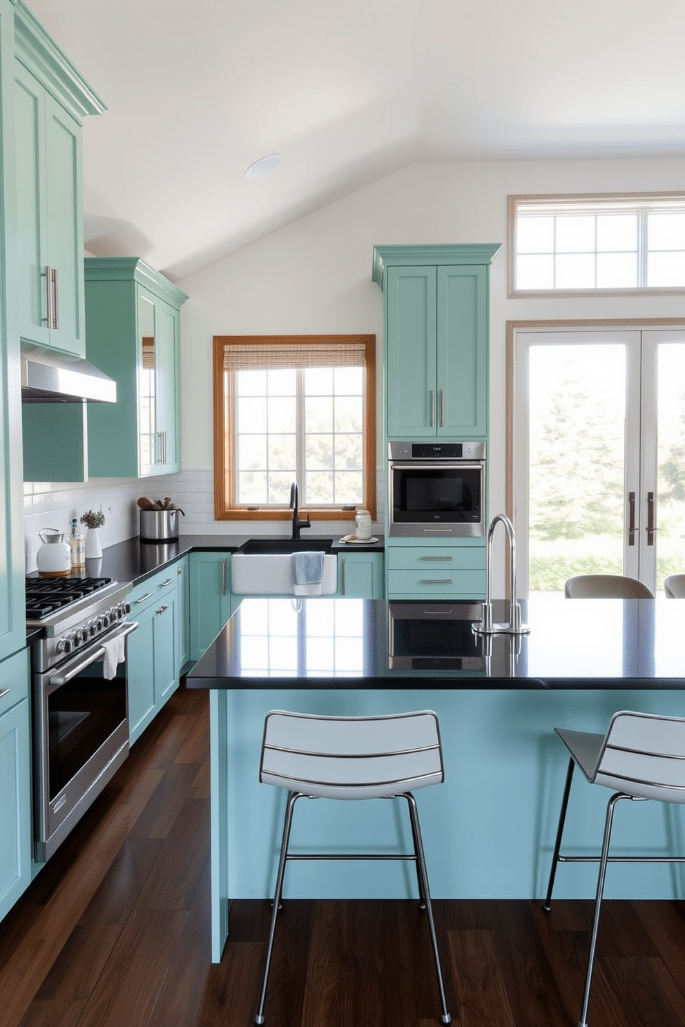 A fresh and inviting kitchen featuring seafoam green cabinets that add a pop of color. The sleek black countertops provide a striking contrast, enhancing the overall modern aesthetic of the space. Natural light floods the room through large windows, illuminating the open layout. Stylish bar stools with a minimalist design are placed at the kitchen island, inviting casual dining and gatherings.