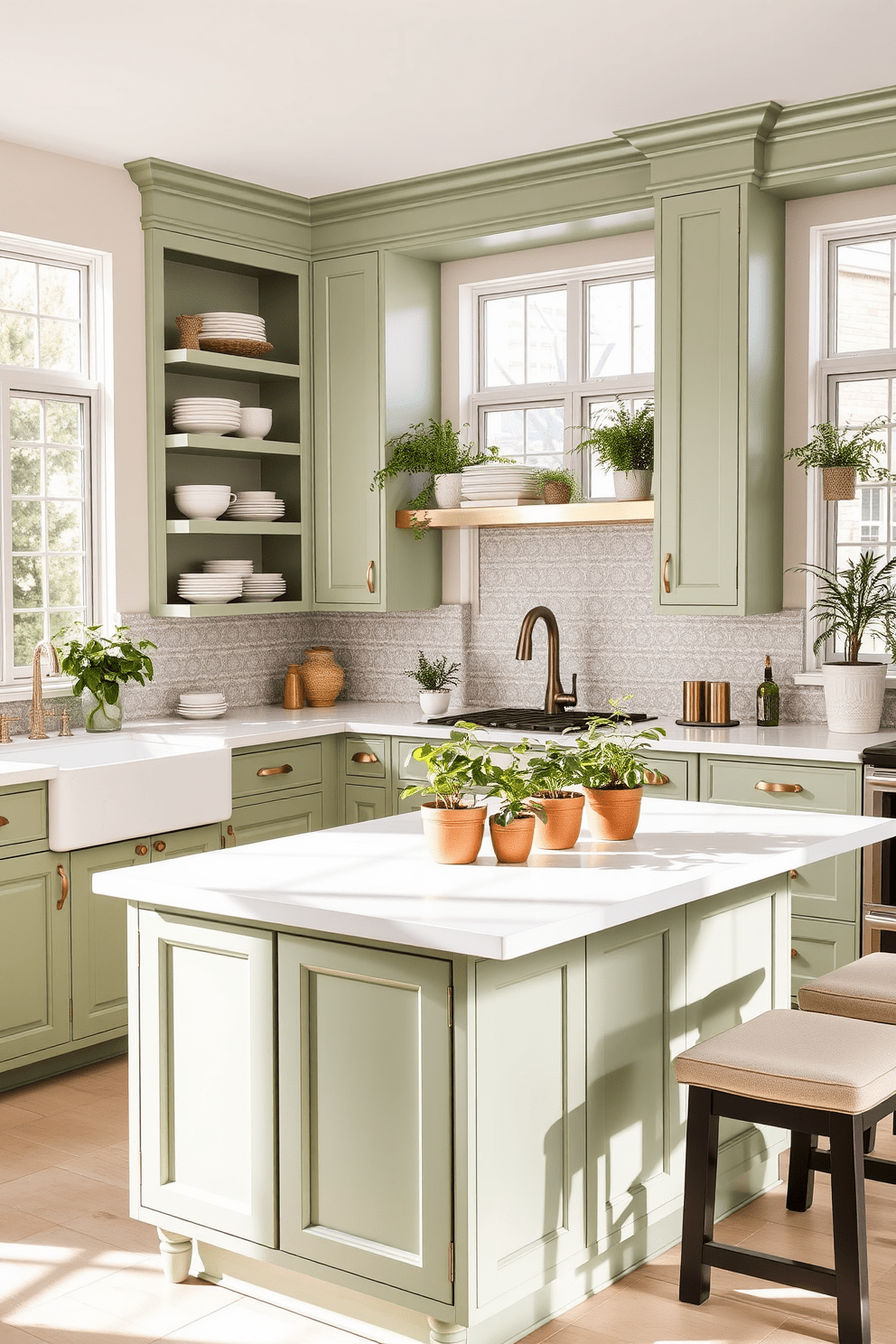 A bright and airy kitchen featuring sage green cabinetry with gold hardware accents. The countertops are a crisp white quartz, and a large island with seating is centrally located, adorned with fresh herbs in decorative pots. The backsplash showcases a delicate mosaic of white and green tiles, creating a harmonious flow. Natural light floods the space through large windows, highlighting the open shelving displaying curated dishware and plants.