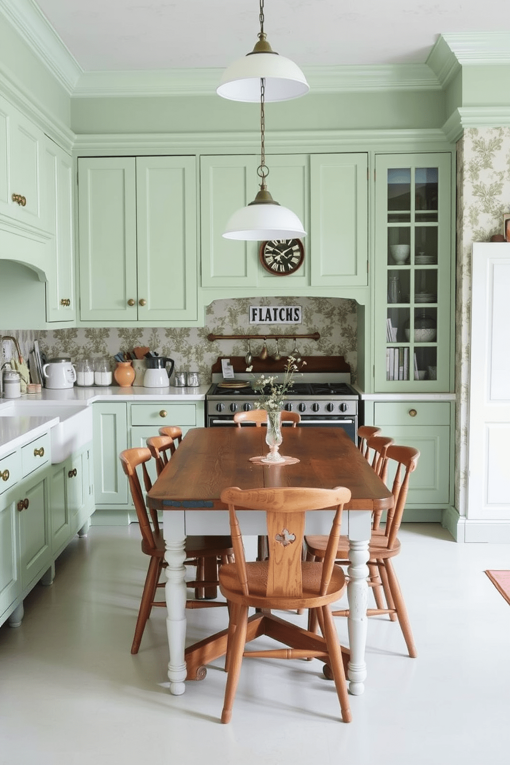 A pale green kitchen exuding vintage charm features classic white cabinetry with brass hardware and a farmhouse sink. The walls are adorned with vintage-inspired wallpaper, and a rustic wooden dining table sits in the center, surrounded by mismatched chairs.