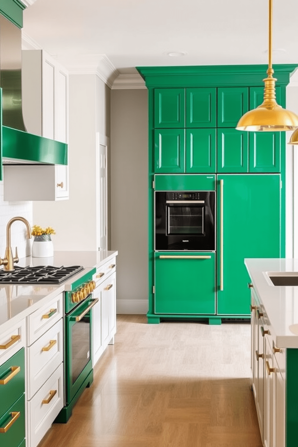 A bold kitchen featuring emerald green appliances that create a striking focal point. The cabinetry is sleek and modern, complemented by white countertops and brass hardware for an elegant touch. The walls are painted in a soft neutral tone to balance the vibrant green, enhancing the overall brightness of the space. A large island with bar seating invites social gatherings, while pendant lights add warmth and style overhead.