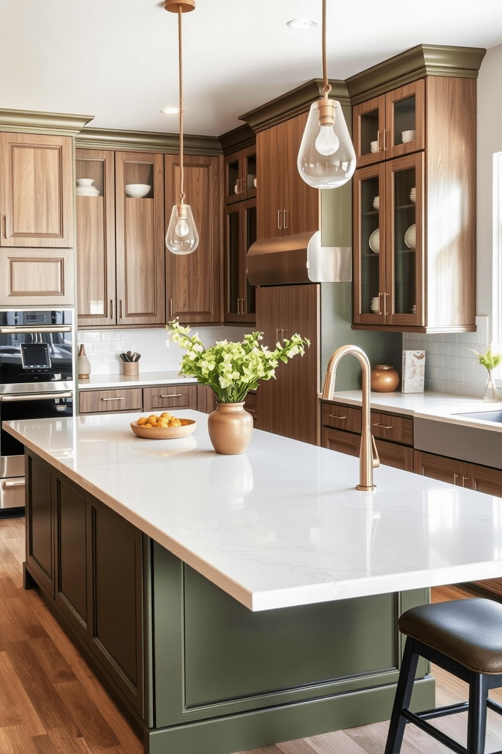 A stunning kitchen featuring an olive green island complemented by pristine white countertops. The cabinetry is a mix of olive green and soft wood tones, creating a harmonious and inviting atmosphere.