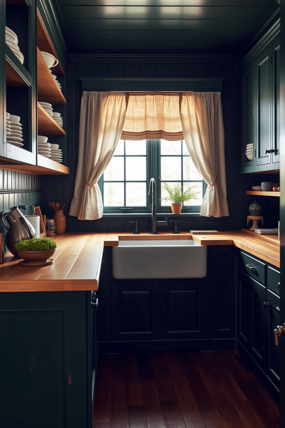 A dark green kitchen infused with rustic elements. The cabinetry features distressed wood finishes, complemented by open shelving displaying handcrafted ceramic dishes. A large farmhouse sink sits beneath a window, framed by vintage-style curtains. The countertops are a warm butcher block, contrasting beautifully with the deep green hues of the cabinets.