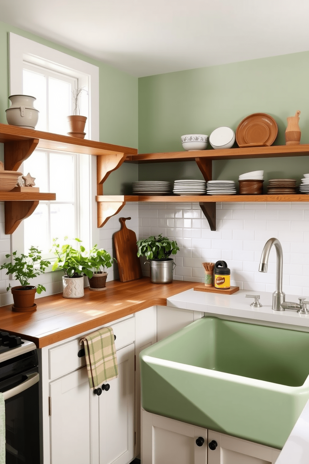 A cozy kitchen featuring a sage green farmhouse sink that complements the white cabinetry. The countertops are adorned with natural wood accents, and open shelving displays rustic dishware. The walls are painted in a soft sage green, creating a warm and inviting atmosphere. Bright white tiles backsplash add a touch of freshness, while potted herbs sit on the windowsill for a pop of greenery.