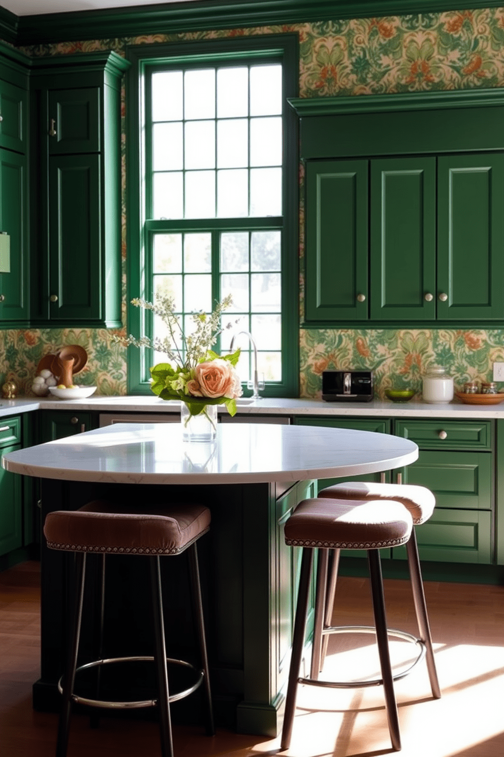 Green cabinets complement a vibrant patterned wallpaper backdrop, creating a lively and inviting atmosphere. The kitchen features a spacious island with a white marble countertop, seamlessly blending functionality with elegance. Natural light floods the room through large windows, highlighting the rich textures of the cabinetry. Stylish bar stools with plush upholstery line the island, offering a perfect spot for casual dining.