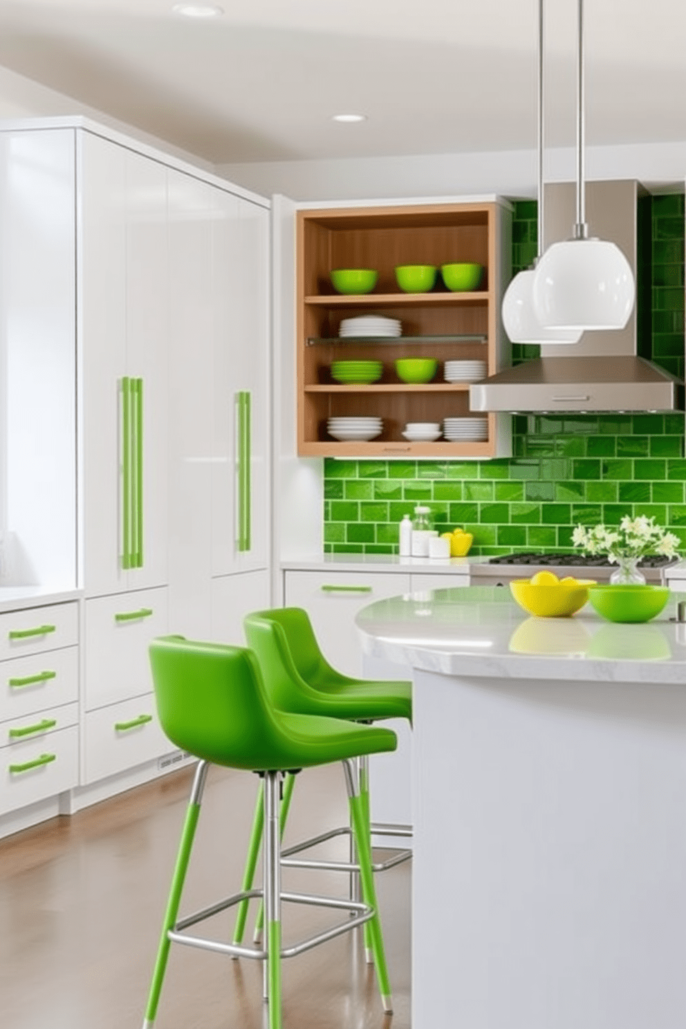 A modern kitchen featuring bright green accents throughout the design. The cabinetry is sleek and white with vibrant green handles and open shelving displaying colorful dishware. The backsplash is a glossy green tile that reflects light, adding a fresh touch. A large kitchen island with a white countertop contrasts beautifully with the green bar stools that invite casual dining.