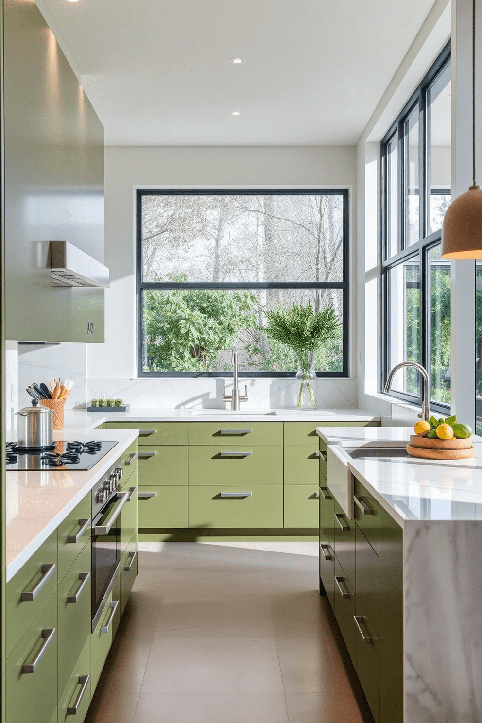 A modern kitchen featuring olive green drawers with a sleek design that complements the overall aesthetic. The cabinetry is paired with a white marble countertop and stainless steel appliances, creating a harmonious blend of colors and textures. Natural light floods the space through large windows, illuminating the subtle patterns of the backsplash. A central island with bar seating invites casual dining and social gatherings in this stylish kitchen environment.