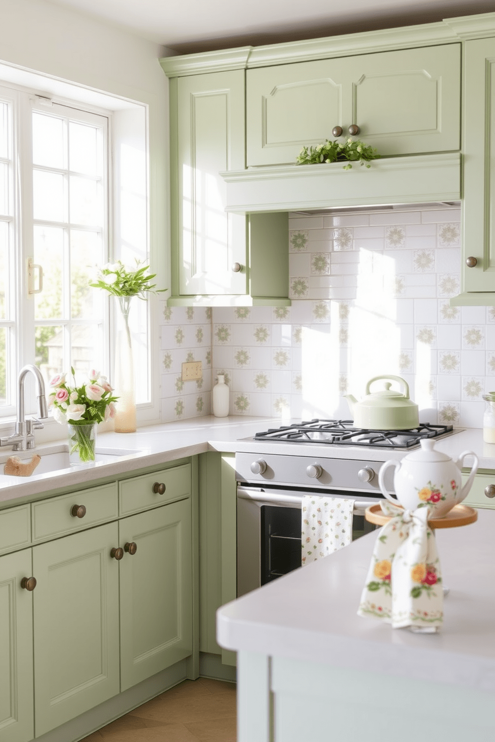 A light green kitchen with floral decor features cabinets painted in a soft pastel hue that complement the natural light streaming through the large windows. The countertops are adorned with a delicate floral arrangement, adding a touch of freshness to the space. The backsplash showcases a subtle pattern of white and green tiles, enhancing the overall aesthetic of the kitchen. Vintage-inspired accessories, such as a floral tea set and patterned dish towels, complete the charming and inviting atmosphere.