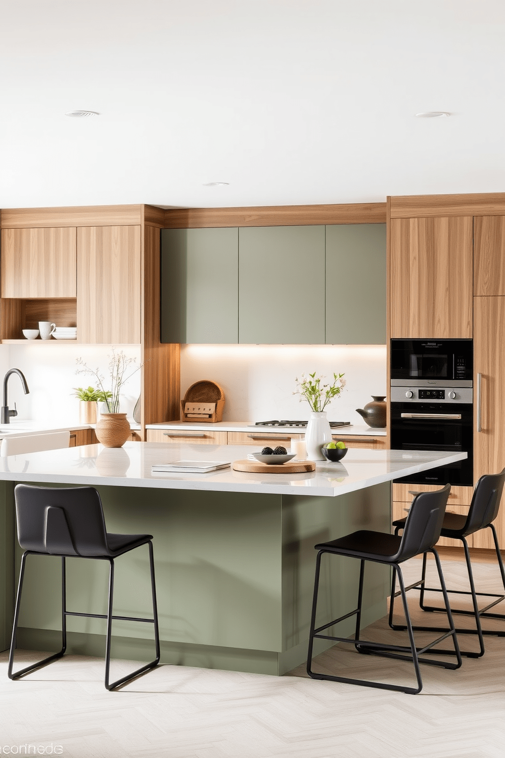 A muted green kitchen island serves as the focal point of the space, complemented by sleek, stylish seating that invites casual gatherings. The cabinetry features a harmonious blend of natural wood tones and modern finishes, creating a warm yet contemporary atmosphere.