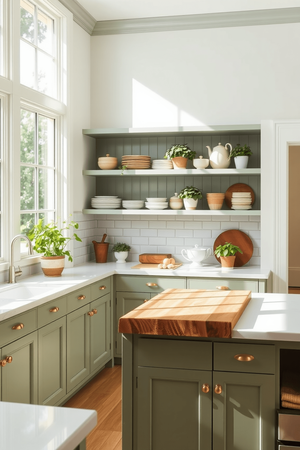 A bright and airy kitchen featuring sage green cabinetry that complements the natural light pouring in through large windows. The countertops are made of white quartz, and the space is accented with brass hardware for a touch of elegance. The kitchen island is topped with a beautiful butcher block, providing both functionality and warmth. Open shelving displays curated dishware, while potted herbs add a fresh, inviting touch to the overall design.