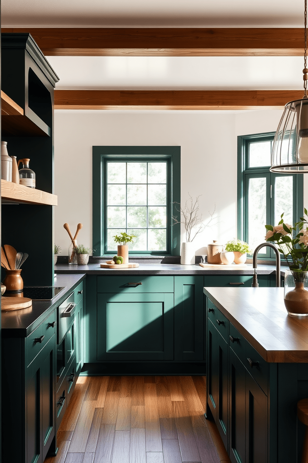 A dark green kitchen with warm wooden accents creates an inviting atmosphere. The cabinetry is a deep forest green, complemented by rich oak shelves and a wooden island. Natural light floods the space through large windows, highlighting the sleek countertops and warm tones. Decorative plants and rustic kitchenware add a touch of charm and personality.