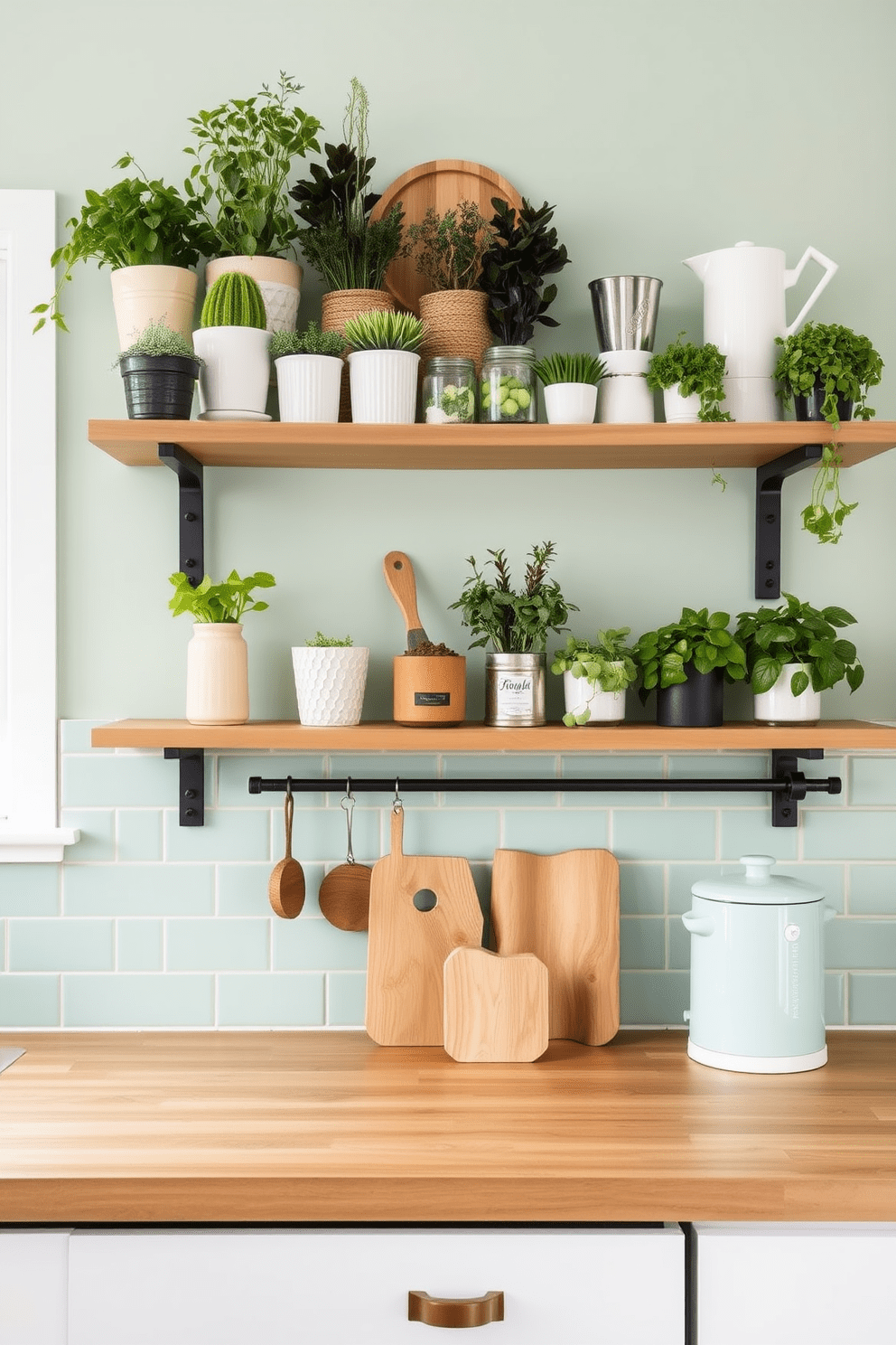 A fresh and inviting kitchen space featuring a mint green backsplash that adds a pop of color. Above the countertop, wooden shelves display an array of potted herbs and stylish kitchenware, enhancing the warm and cozy atmosphere.