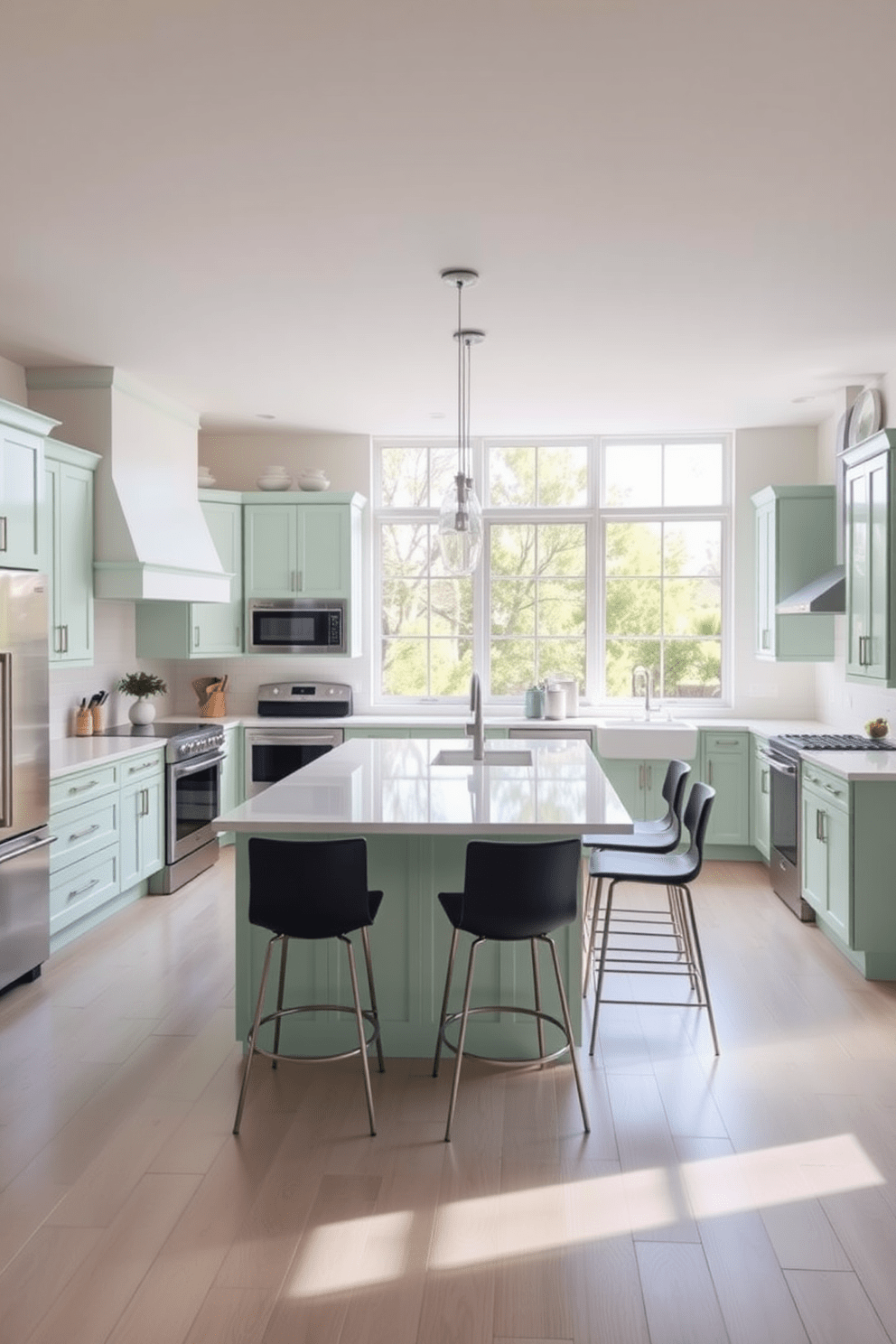 A contemporary kitchen featuring pastel green accents throughout the space. The cabinets are a soft pastel green, complemented by white countertops and sleek stainless steel appliances. A large island in the center provides additional workspace and seating, adorned with stylish bar stools. Natural light floods the room through large windows, enhancing the airy and inviting atmosphere.