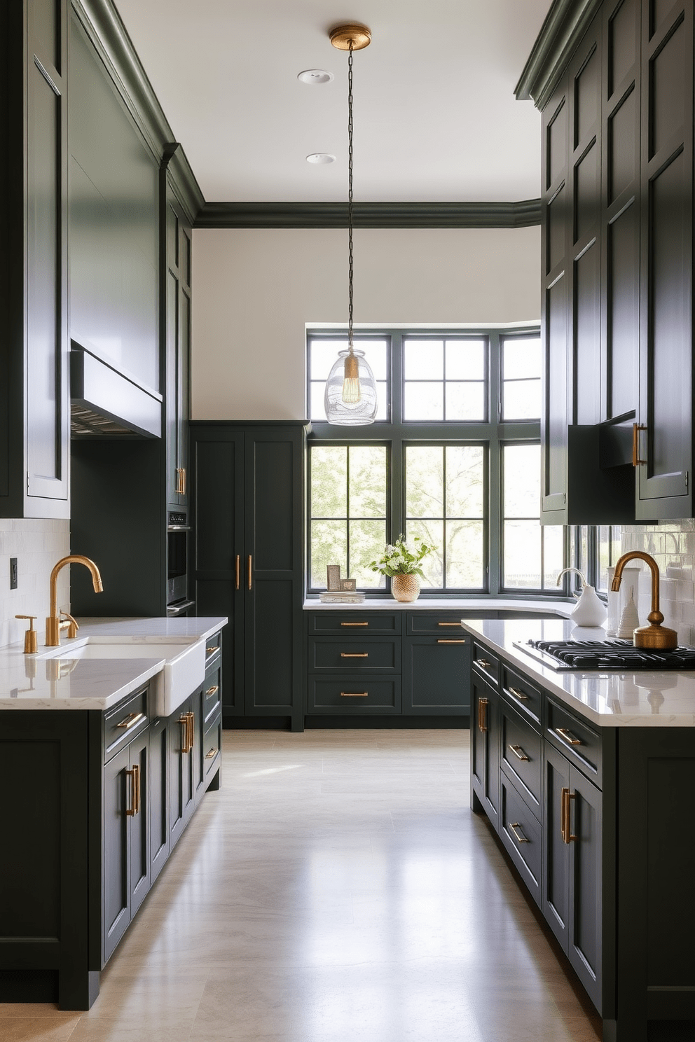 A modern kitchen featuring dark green cabinets that reach the ceiling, complemented by brass fixtures for a touch of elegance. The countertops are a light marble, and a large island in the center provides ample space for cooking and entertaining. Natural light floods the room through large windows, highlighting the rich tones of the cabinetry. A stylish brass pendant light hangs above the island, adding warmth and sophistication to the overall design.