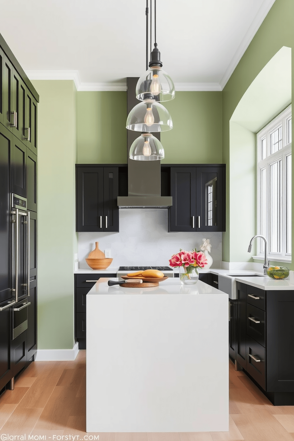 A modern kitchen featuring pale green walls that create a fresh and inviting atmosphere. Dark cabinetry contrasts beautifully, offering a striking visual appeal while providing ample storage space. The kitchen island is topped with a sleek white countertop, ideal for food preparation and casual dining. Stylish pendant lights hang above the island, adding a touch of elegance and warmth to the space.