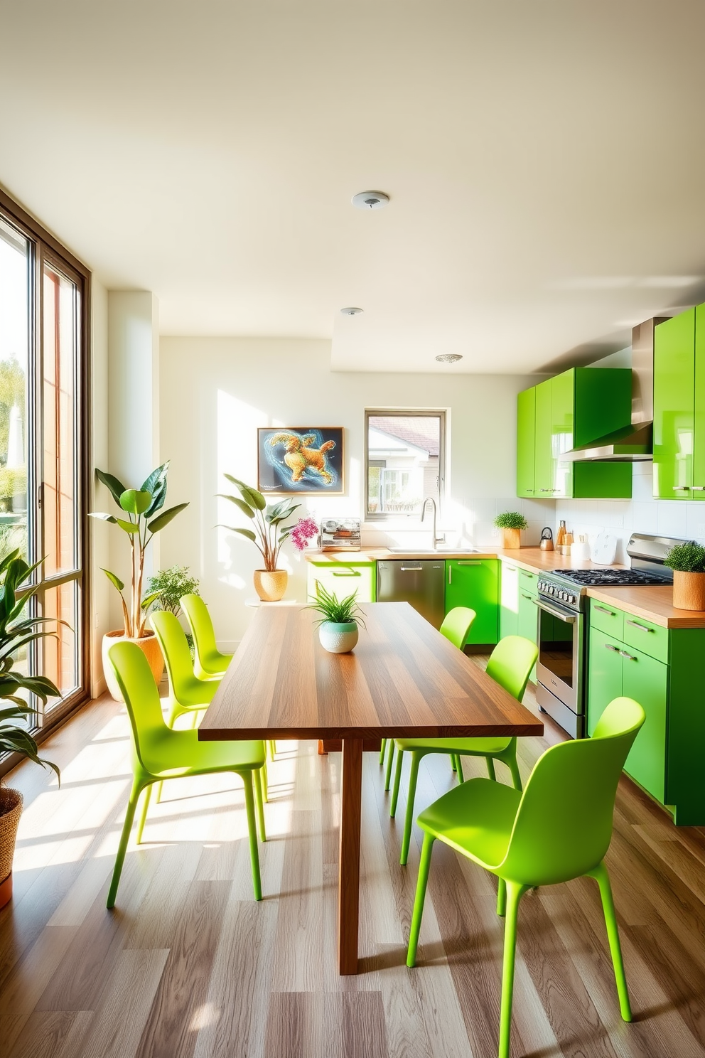 Bright green dining chairs surround a sleek wooden table, creating a vibrant and inviting dining area. The space is illuminated by natural light streaming through large windows, enhancing the fresh and lively atmosphere. The kitchen features a harmonious blend of bright green cabinetry and natural wood accents, creating a modern yet warm environment. Stainless steel appliances complement the design, and decorative plants add a touch of freshness to the space.