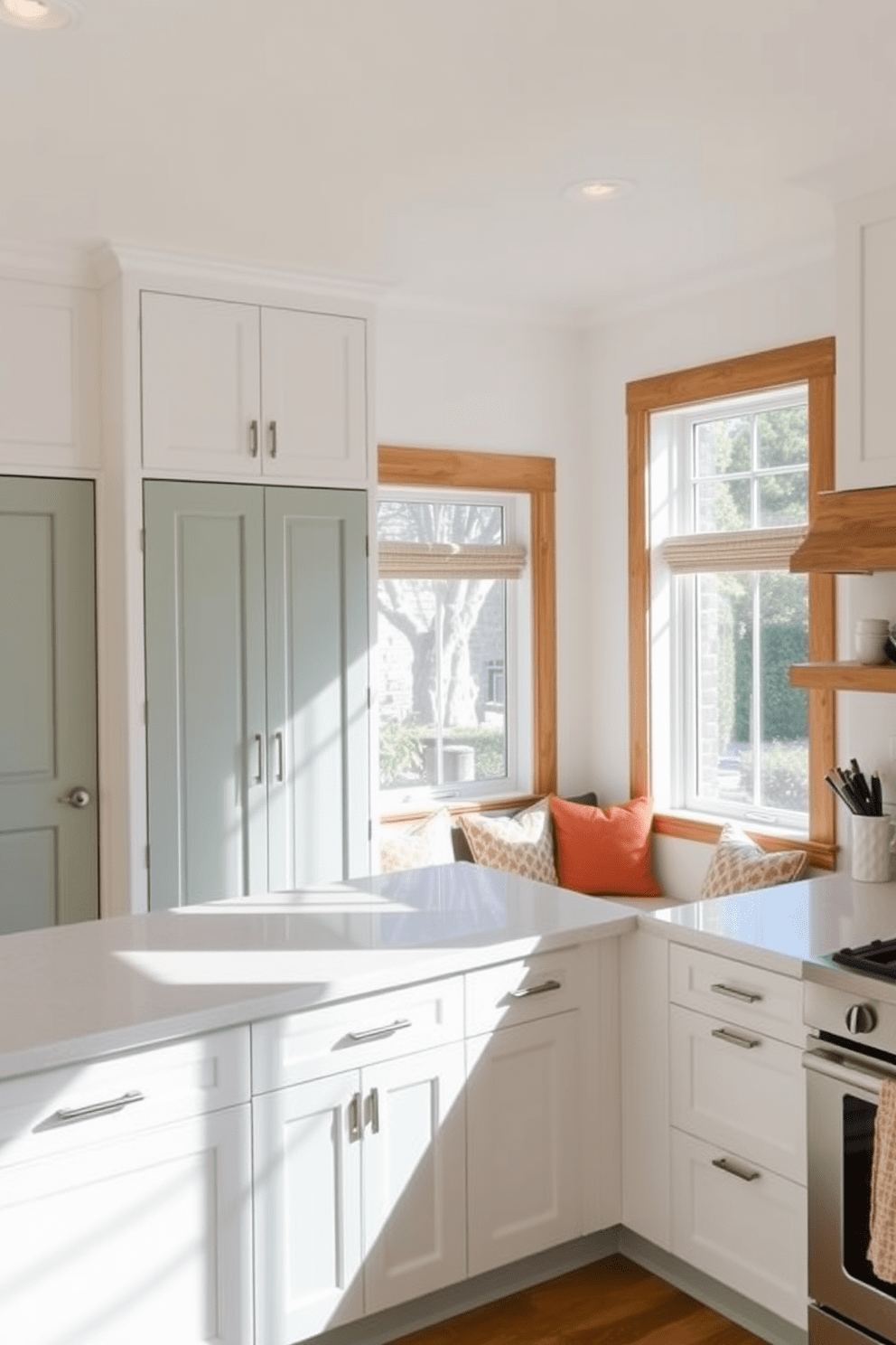 A bright and airy kitchen features sage green pantry doors that add a refreshing pop of color. The cabinetry is a crisp white, complementing the natural wood accents and creating a harmonious balance in the space. Large windows allow ample natural light to flood the room, illuminating the sleek countertops and stylish backsplash. A cozy breakfast nook with plush seating invites family gatherings and casual meals.