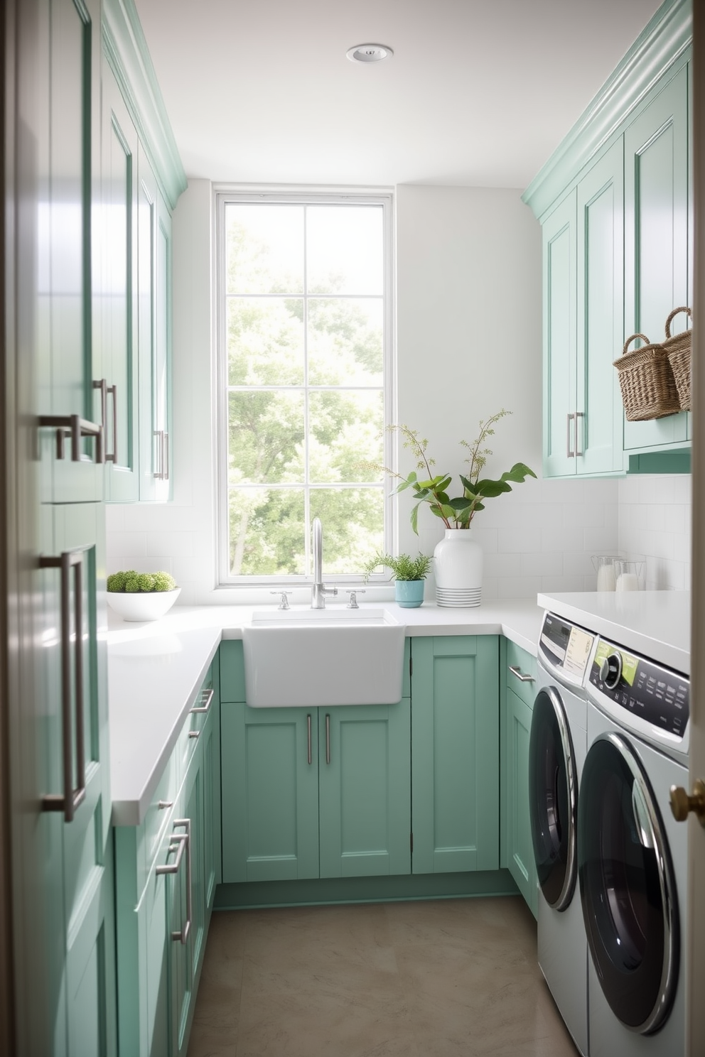 Bright mint green cabinetry creates a fresh and inviting atmosphere in the laundry room. The cabinetry is complemented by sleek white countertops and modern appliances seamlessly integrated into the design. Natural light floods the space through a large window, enhancing the vibrant color of the cabinetry. Decorative elements such as potted plants and stylish storage baskets add warmth and functionality to the room.