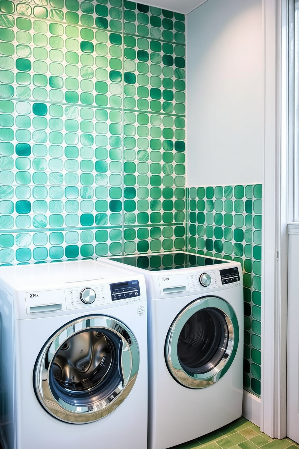 A vibrant laundry room featuring textured green tiles that add a unique touch to the space. The room includes a sleek white washer and dryer, set against a backdrop of these striking tiles, creating a fresh and inviting atmosphere.