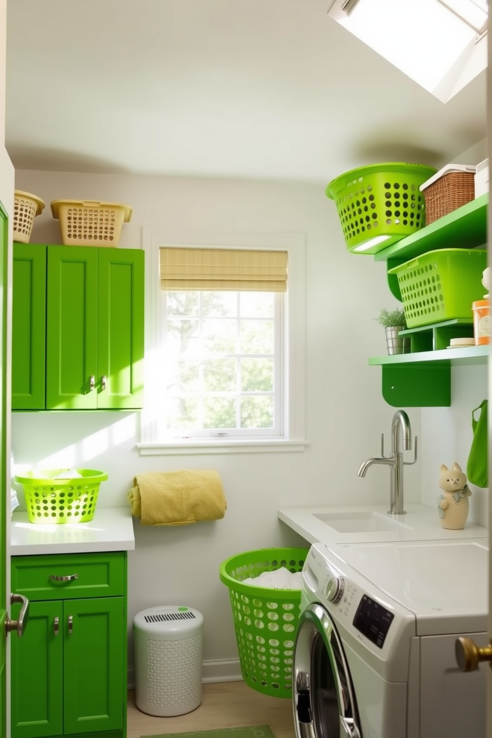 A bright and cheerful laundry room features playful green laundry baskets that add a pop of color to the space. The walls are painted in a soft white, creating a fresh backdrop for the vibrant green accents throughout the room. The laundry area includes a spacious countertop for folding clothes, complemented by stylish green cabinetry that offers ample storage. Natural light floods the room through a large window, enhancing the inviting atmosphere and showcasing the playful design elements.