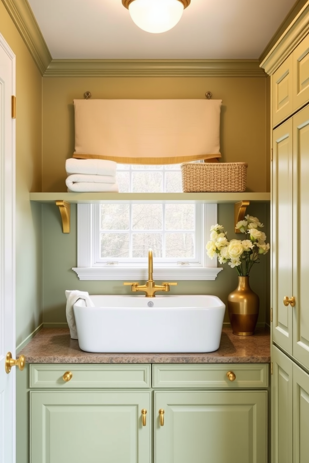 A stylish laundry room featuring a green and gold color scheme. The walls are painted a soft sage green, complemented by gold accents in the cabinetry and hardware. A large farmhouse sink is positioned under a window with gold-framed curtains. Open shelving above the sink displays neatly folded towels and decorative baskets in coordinating colors.