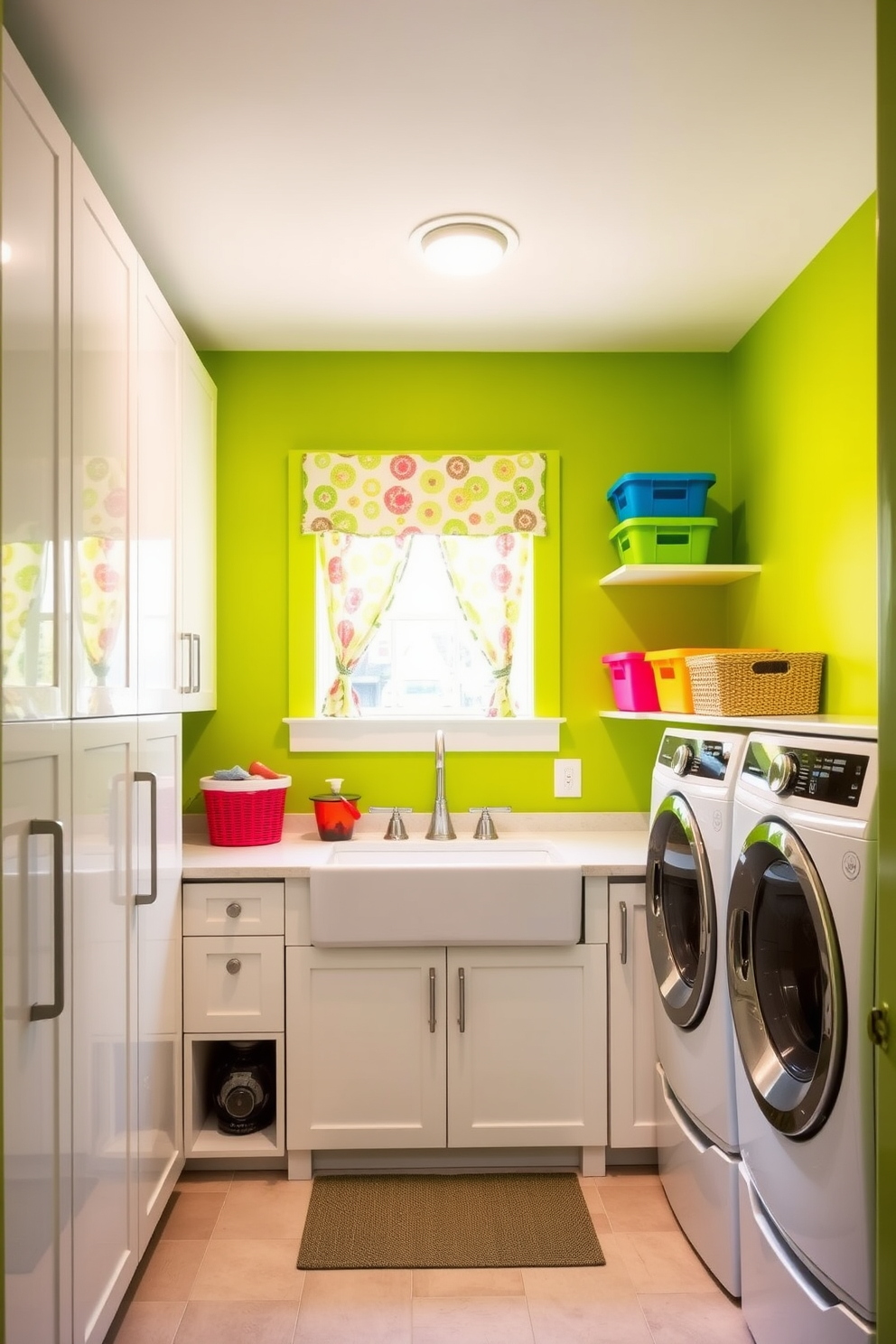 Bright lime green creates an energetic and playful atmosphere in the laundry room. The walls are painted in a vibrant lime green, complemented by sleek white cabinetry and modern appliances. A large farmhouse sink sits in the center, surrounded by open shelving displaying colorful storage baskets. Brightly patterned curtains frame the window, adding a touch of whimsy to the space.