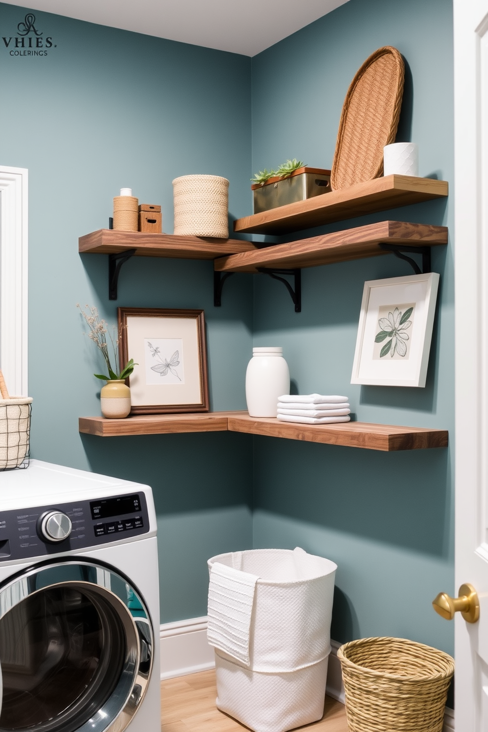 A serene laundry room featuring muted teal walls that create a calming atmosphere. Rustic wooden shelving units are mounted on the walls, providing ample storage for laundry essentials and decorative items.