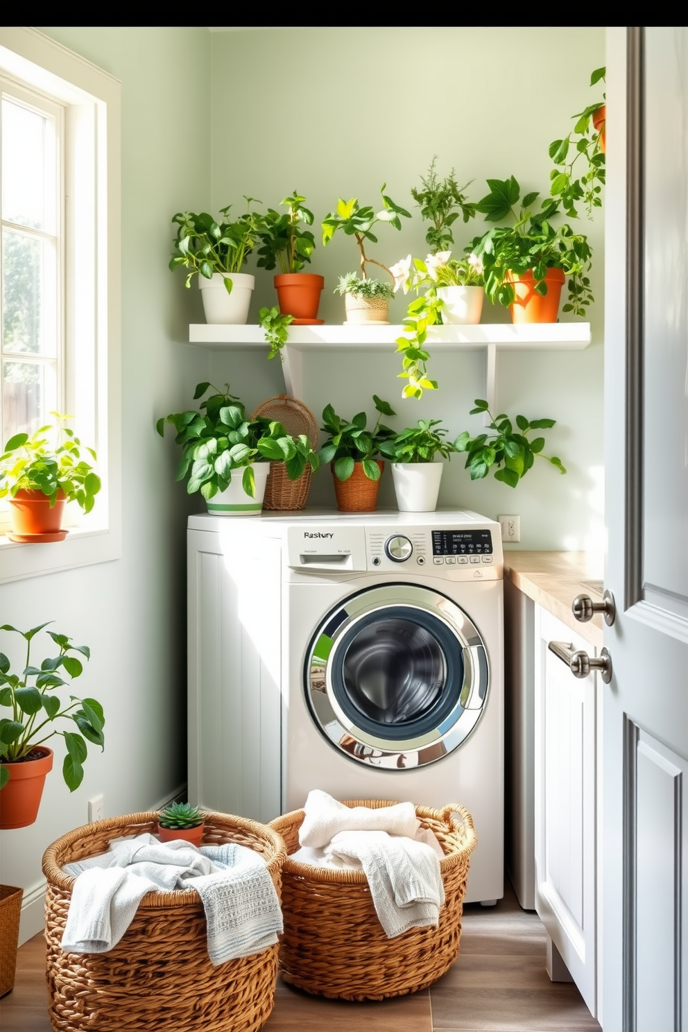 A vibrant laundry room filled with nature-inspired green plants that bring a sense of freshness. The space features open shelving adorned with potted herbs and leafy greens, complemented by a modern washer and dryer set in a soft pastel color. The walls are painted in a light, airy shade that enhances the natural light streaming in from a nearby window. A woven basket sits on the floor, filled with fresh laundry, while a small succulent adds a touch of life to the countertop.