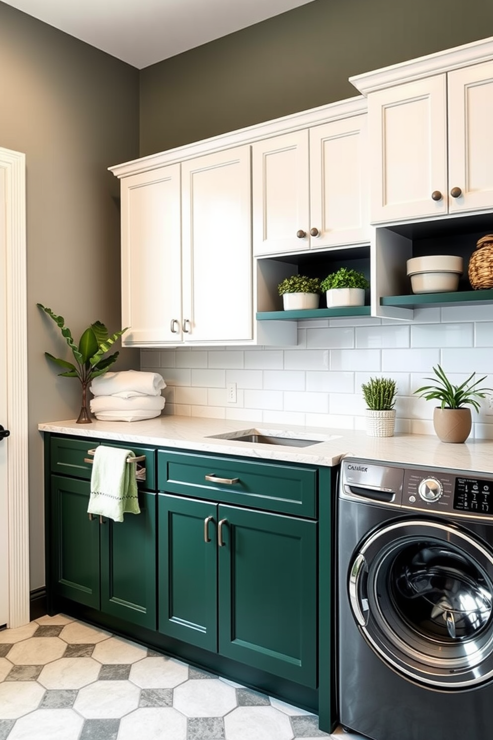 A vibrant laundry room featuring two-tone cabinetry with a dark green base. The upper cabinets are a crisp white, creating a striking contrast against the dark green lower cabinets. A spacious countertop made of quartz provides ample workspace for sorting and folding laundry. Decorative elements include woven baskets for storage and potted plants that add a touch of freshness.