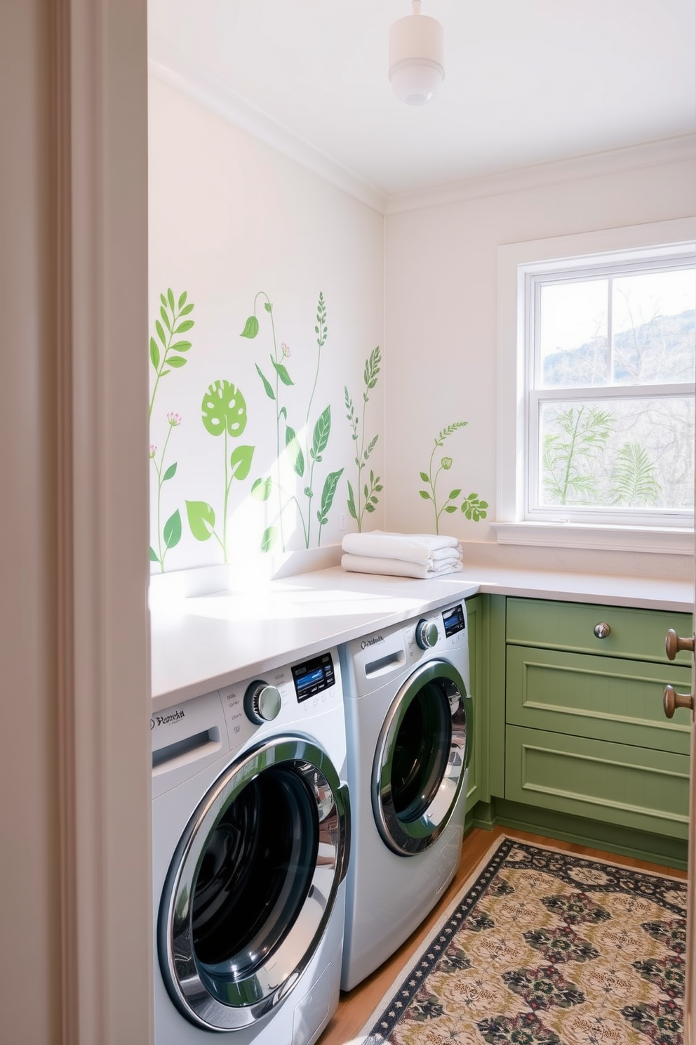 Artistic green wall decals add a splash of personality to the laundry room, creating a vibrant and inviting atmosphere. The decals feature various botanical designs that complement the room's natural light and enhance the overall aesthetic. The laundry room is designed with functional yet stylish elements, including a sleek countertop for folding clothes and ample storage space. Soft green cabinetry harmonizes with the wall decals, while a patterned rug adds warmth and comfort to the space.