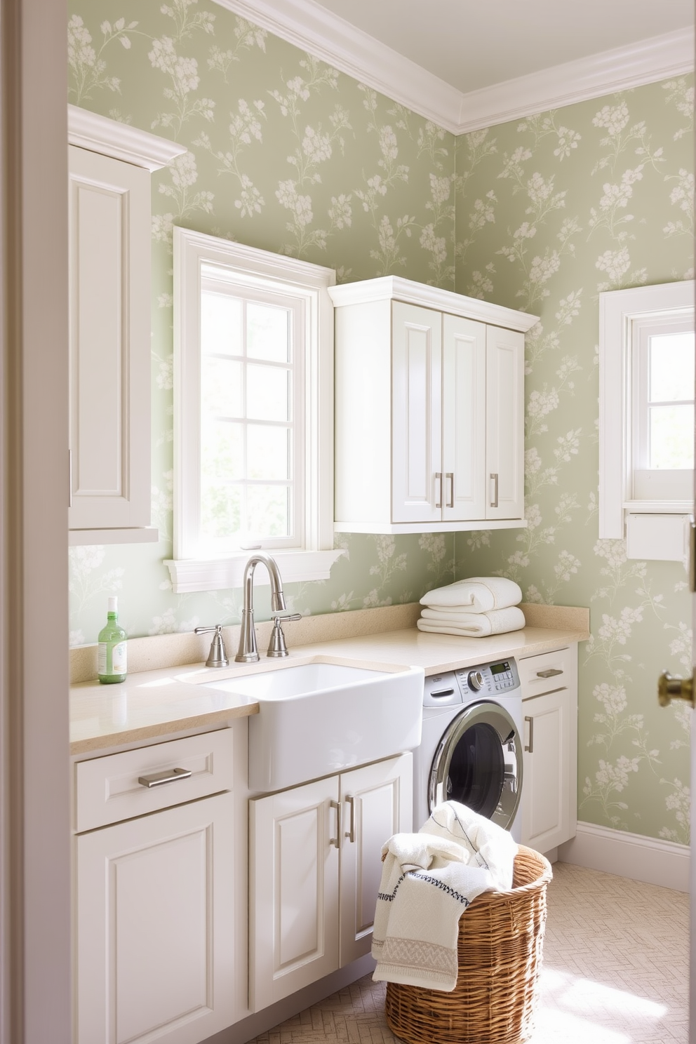 A serene laundry room adorned with subtle green wallpaper featuring delicate floral patterns. The space includes a white cabinetry setup with a large farmhouse sink and a countertop for folding clothes. Natural light streams in through a window, illuminating the room and enhancing the calming atmosphere. A stylish wicker basket sits in the corner, filled with freshly laundered towels.