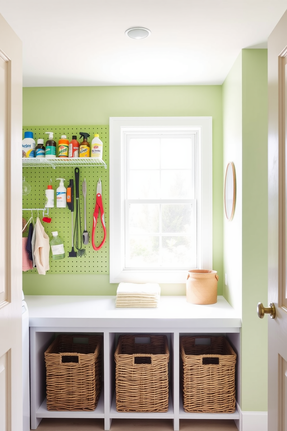 A vibrant green pegboard lines the wall of a modern laundry room, providing organized storage for various cleaning supplies and tools. Below the pegboard, a sleek white countertop offers ample space for folding clothes, complemented by stylish wicker baskets for additional storage. The walls are painted in a soft pastel shade, creating a fresh and inviting atmosphere. A large window allows natural light to flood the room, enhancing the bright and cheerful ambiance.