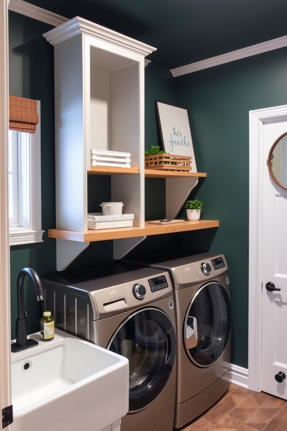 A cozy laundry room featuring deep forest green walls that create a warm and inviting atmosphere. The space includes a large white farmhouse sink, stylish open shelving made of reclaimed wood, and a sleek washer and dryer tucked away behind matching cabinetry.