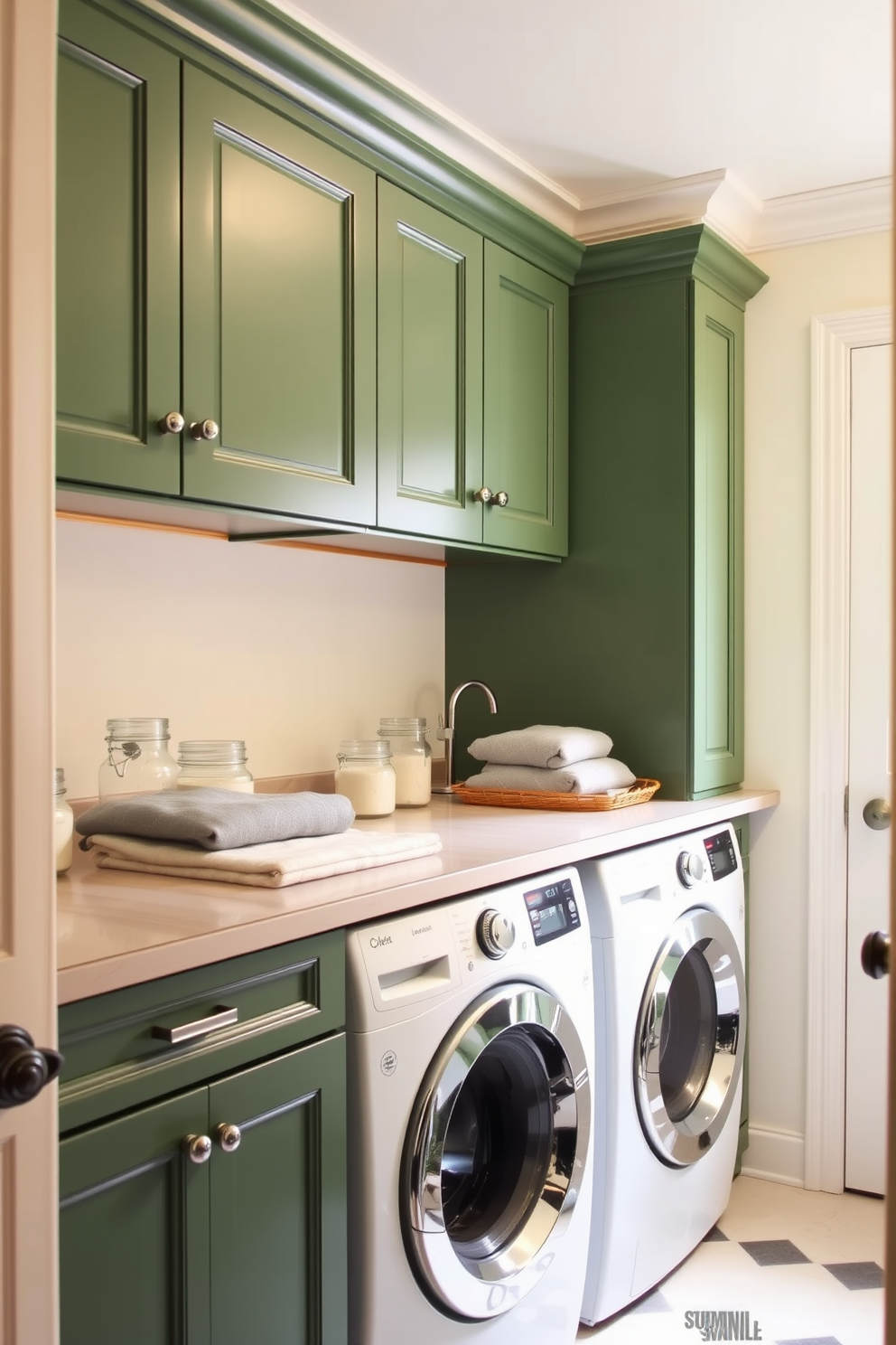 A classic green and cream color palette creates a fresh and inviting laundry room. The walls are painted a soft cream, while the cabinetry features a rich green hue, providing a beautiful contrast. The space includes a spacious countertop for folding clothes, adorned with decorative jars for storage. A stylish washer and dryer are seamlessly integrated into the cabinetry, enhancing the room's overall aesthetic.