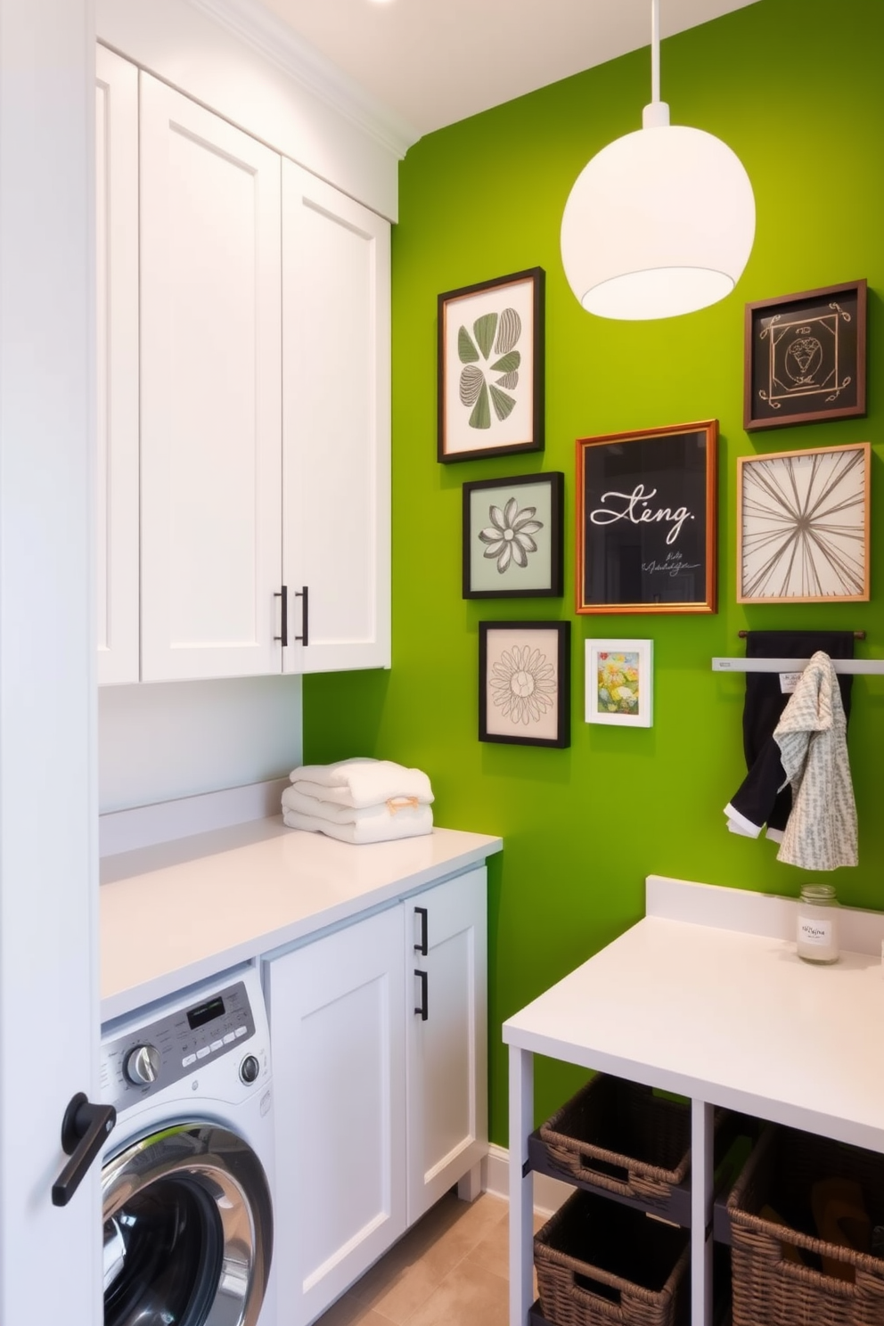 A vibrant laundry room featuring a bold green accent wall adorned with contemporary art pieces. The room includes sleek white cabinetry, a spacious countertop for folding clothes, and stylish storage baskets for organization.