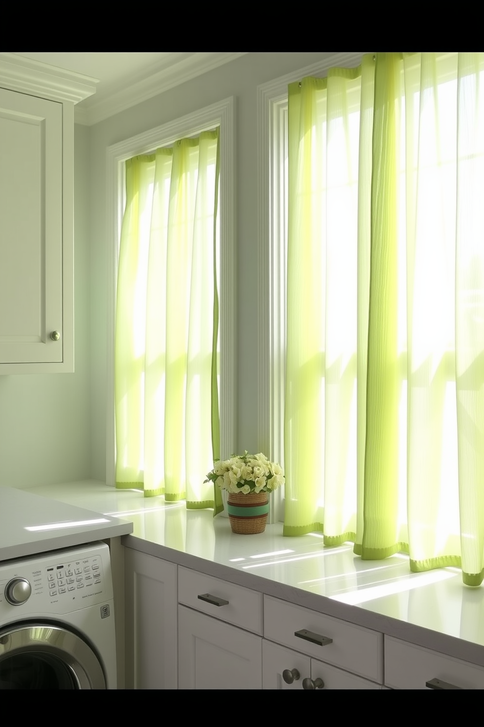 A bright laundry room featuring light green curtains that gently filter natural light. The space is complemented by white cabinetry and a sleek countertop, creating a fresh and inviting atmosphere.