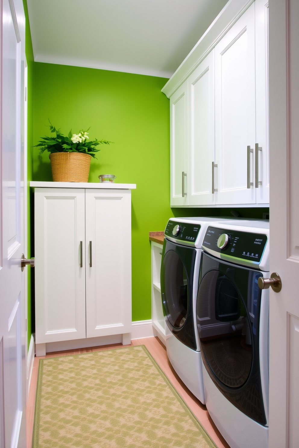 A vibrant laundry room featuring green walls that create a fresh and inviting atmosphere. The space includes a patterned rug that adds texture and visual interest, complementing the overall design. Incorporated into the design are sleek white cabinets providing ample storage for laundry essentials. A modern washer and dryer are seamlessly integrated into the cabinetry, enhancing the room's functionality and style.