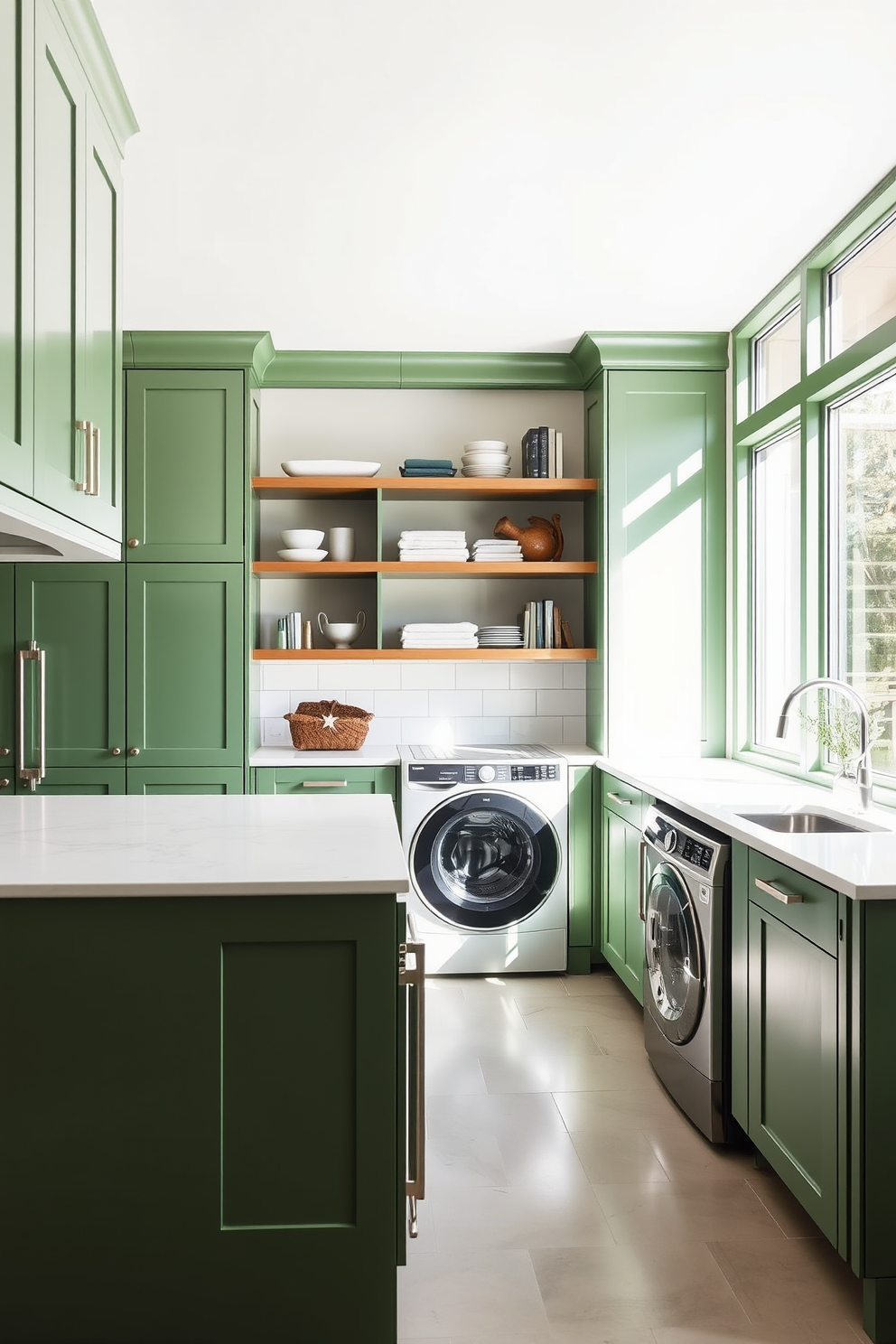 Modern green cabinetry with sleek lines. The space features a large island with a white quartz countertop and built-in appliances seamlessly integrated into the cabinetry. Bright natural light floods the room through large windows, enhancing the fresh green tones. Stylish open shelving displays neatly arranged laundry essentials and decorative items, adding a touch of personality.