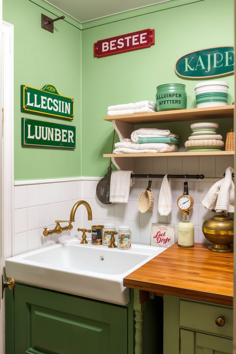 A vintage green laundry room that evokes nostalgia. The walls are adorned with retro green signs, adding character and charm to the space. The room features a farmhouse sink with a classic style and brass fixtures. A wooden countertop complements the vintage vibe, while open shelving displays neatly folded towels and vintage laundry accessories.