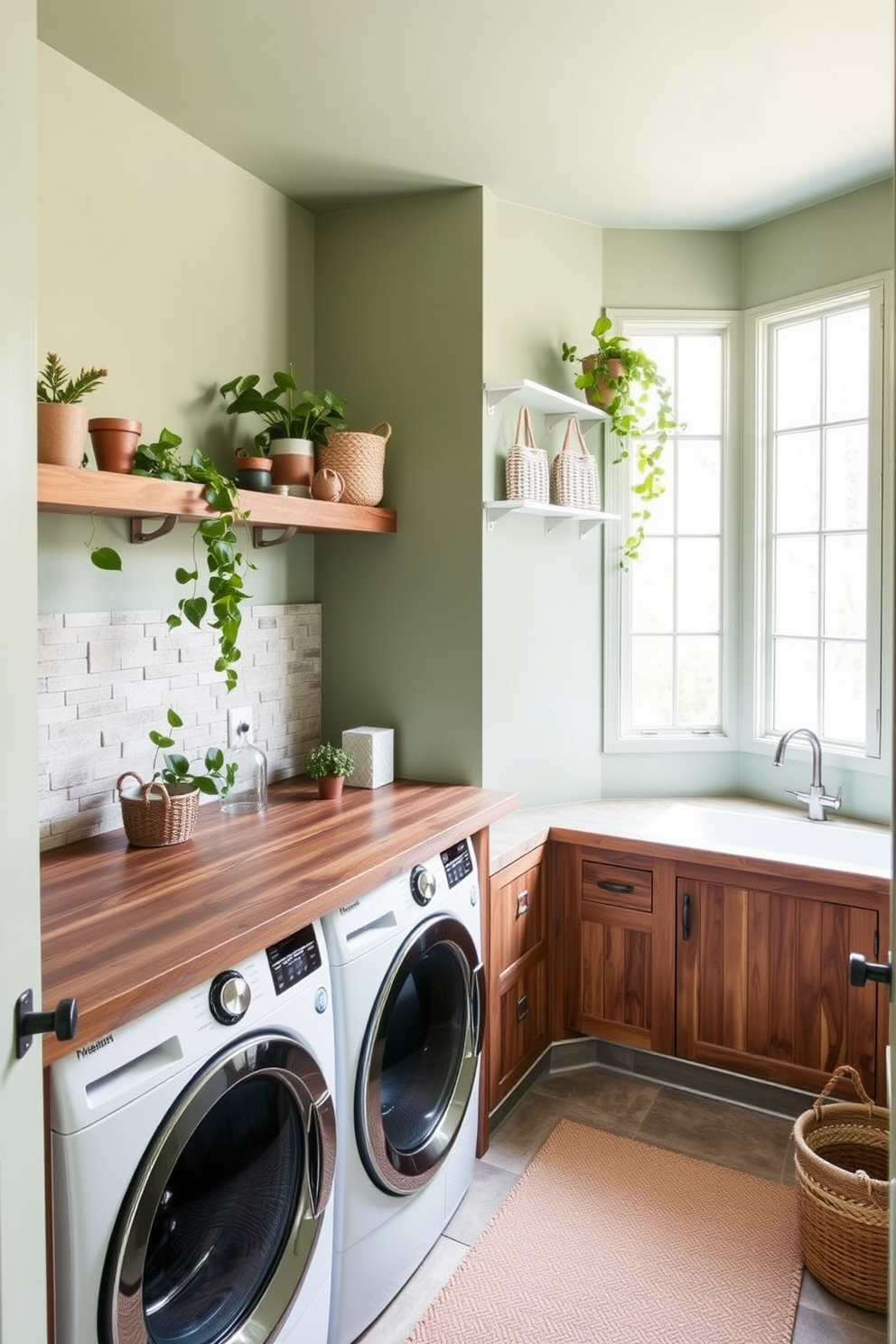 A serene laundry room featuring earthy green tones that evoke a sense of calm. Natural wood elements are incorporated throughout, including a rustic wooden countertop and open shelving filled with plants and decorative storage baskets. The walls are painted in a soft sage green, complemented by a textured stone backsplash. Large windows allow ample natural light to flood the space, enhancing the fresh and inviting atmosphere.