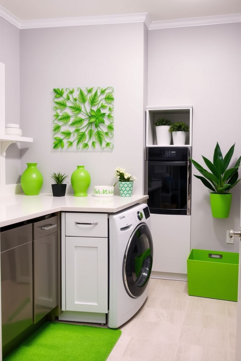 A bright and inviting laundry room features a sleek white countertop paired with modern appliances. Bright green accessories such as a vibrant rug and decorative storage bins add a cheerful pop of color to the space. The walls are painted in a soft gray, creating a neutral backdrop that enhances the green accents. A stylish green wall art piece and potted plants bring life and freshness to the laundry area.