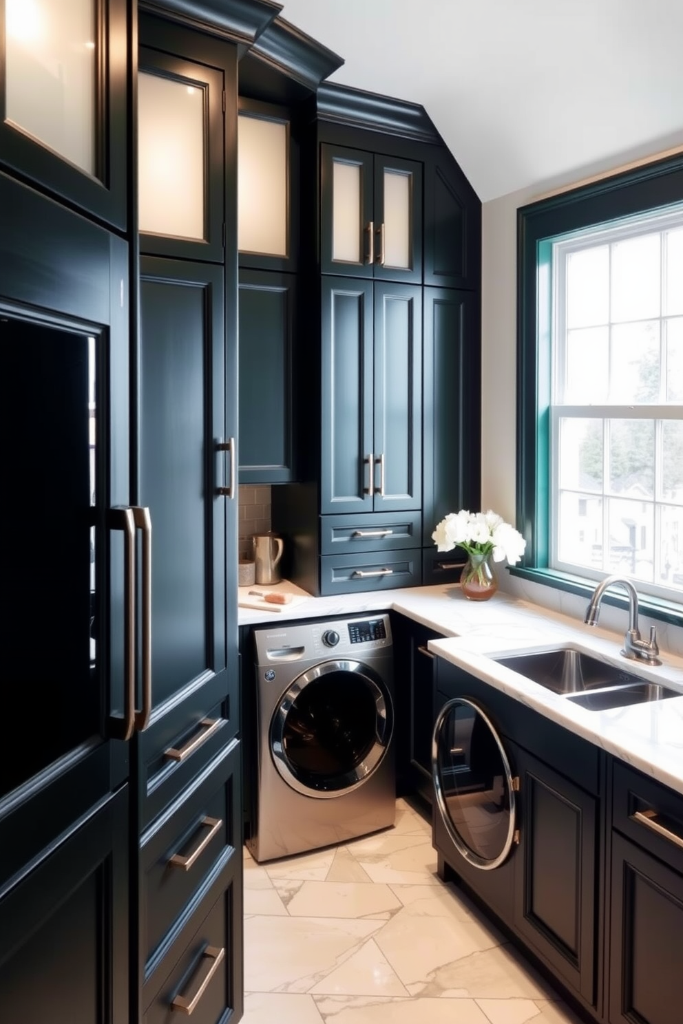 Elegant dark green cabinetry creates a striking focal point in the laundry room. The marble countertops complement the cabinetry, providing a luxurious touch to the space. Bright, natural light floods the room through a large window, highlighting the rich color of the cabinetry. Sleek appliances are seamlessly integrated into the design, enhancing both functionality and style.