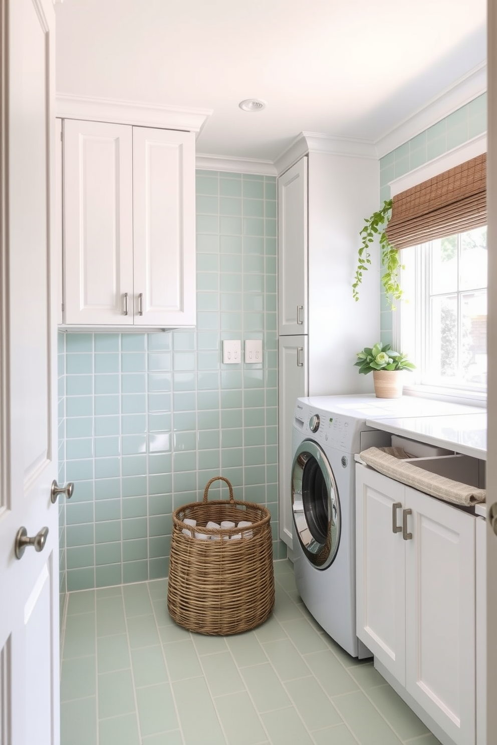 A fresh and inviting laundry room features soft mint green tiles that create a calming atmosphere. The space is accented with white cabinetry and modern appliances, providing both functionality and style. Natural light floods the room through a large window, illuminating the mint green tiles and enhancing their vibrant hue. A stylish wicker basket sits in the corner, adding a touch of warmth and organization to the space.