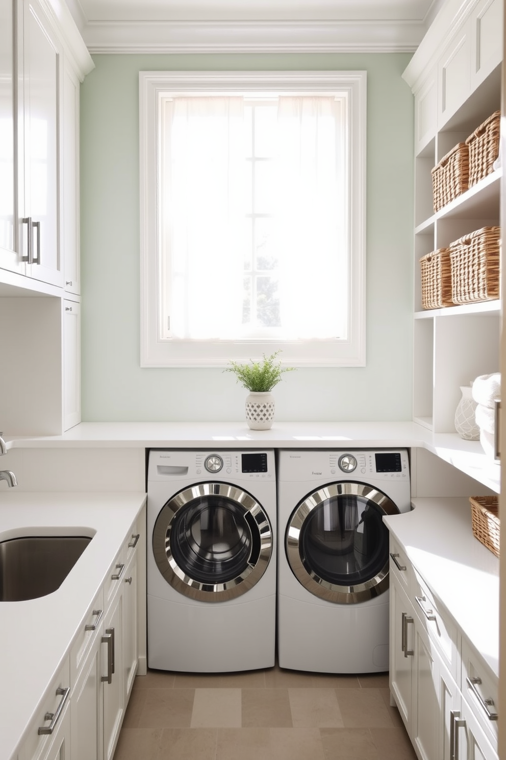 A light sage green laundry room features white cabinetry and sleek countertops. The space is brightened by ample natural light streaming in through a large window with sheer white curtains. In the center, a stylish washing machine and dryer are seamlessly integrated into the cabinetry. Decorative wicker baskets are neatly arranged on open shelves, adding warmth and texture to the design.