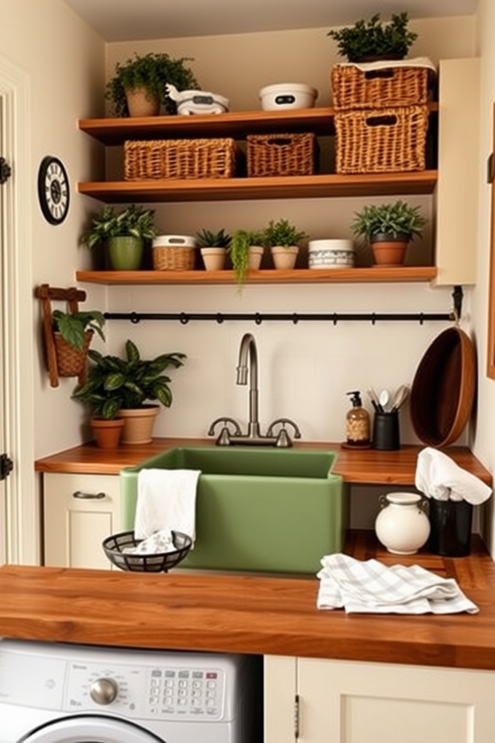 A vintage style green farmhouse sink is the centerpiece of this charming laundry room. Surrounding the sink are open wooden shelves filled with neatly organized baskets and potted plants, creating a cozy and inviting atmosphere. The walls are painted in a soft cream color, complementing the green sink beautifully. A rustic wooden countertop provides ample workspace, adorned with stylish laundry accessories and a decorative bowl for small items.