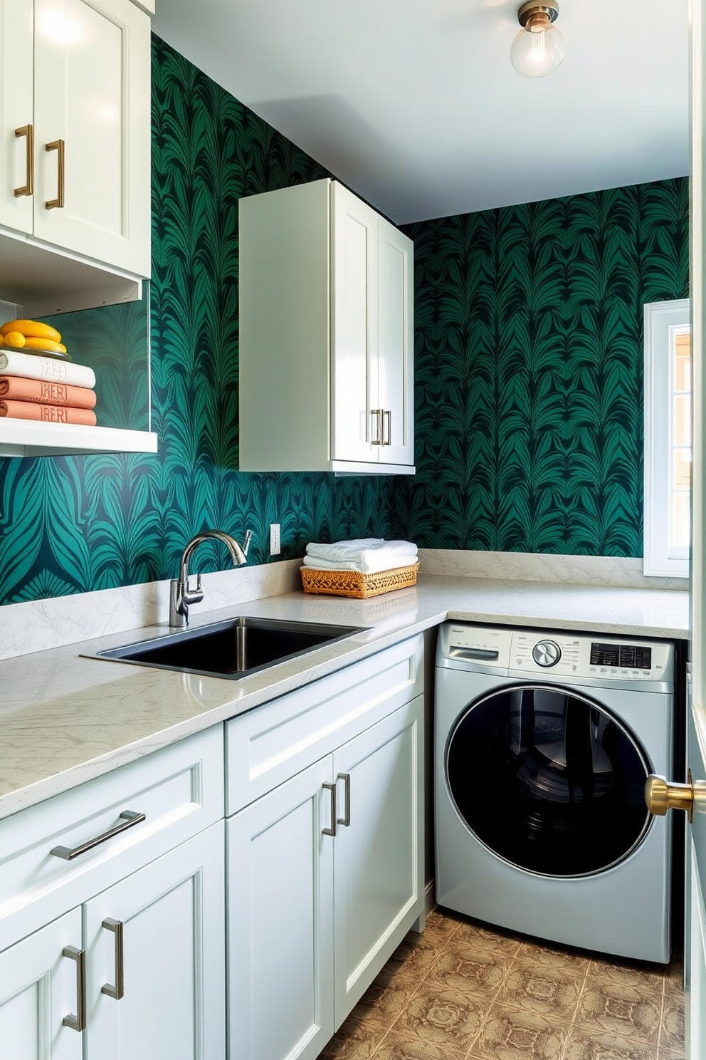 A vibrant laundry room featuring bold emerald green wallpaper that adds a dramatic touch to the space. The room includes sleek white cabinetry, a spacious countertop for folding clothes, and a stylish washer and dryer set that complements the overall design.