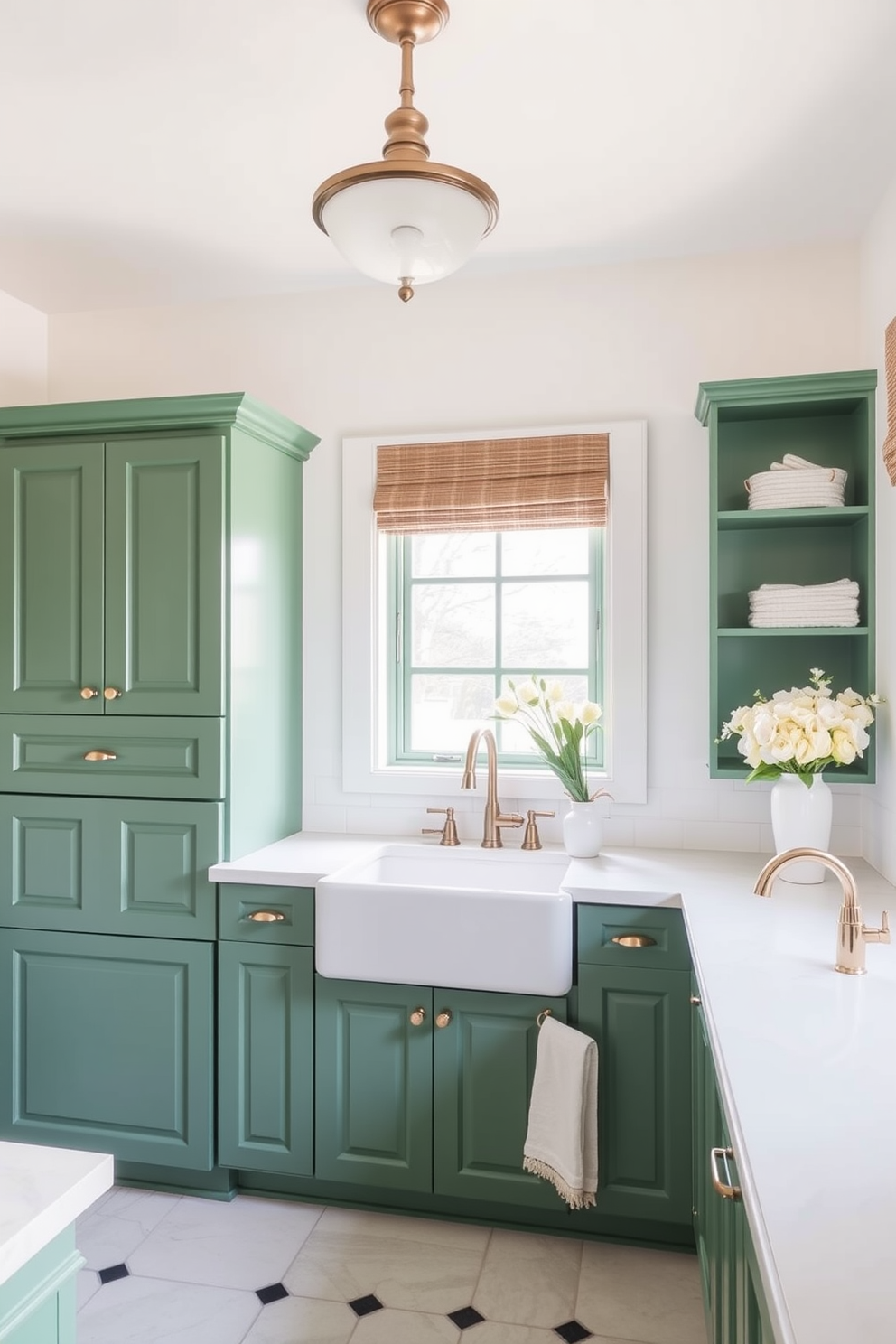 A bright and airy laundry room features hunter green cabinets with brass hardware that add a touch of elegance. The room is complemented by white countertops and a large farmhouse sink, creating a functional yet stylish space.