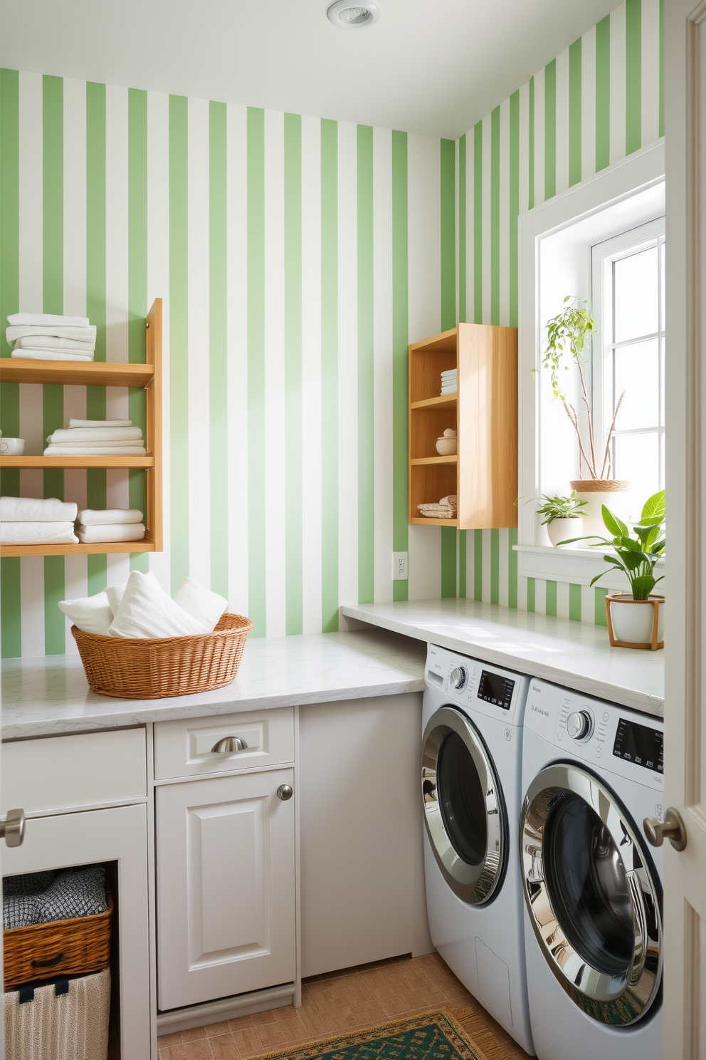 A bright and airy laundry room features green and white striped wallpaper that adds a fresh and lively touch to the space. The room is equipped with a large white washing machine and dryer, complemented by wooden shelving for storage and organization. The laundry room includes a stylish countertop made of quartz for folding clothes, with a decorative basket filled with fresh linens. Potted plants are placed on the windowsill, bringing in natural light and a touch of greenery to enhance the overall design.